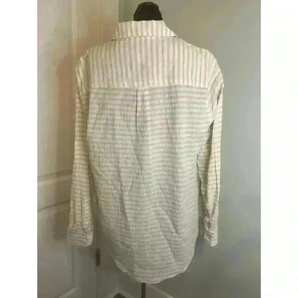 Ava & Viv Womens Plus 1X Gauzy Tan‎ White Stripe Button Down Long Sleeve Shirt - Picture 3 of 11